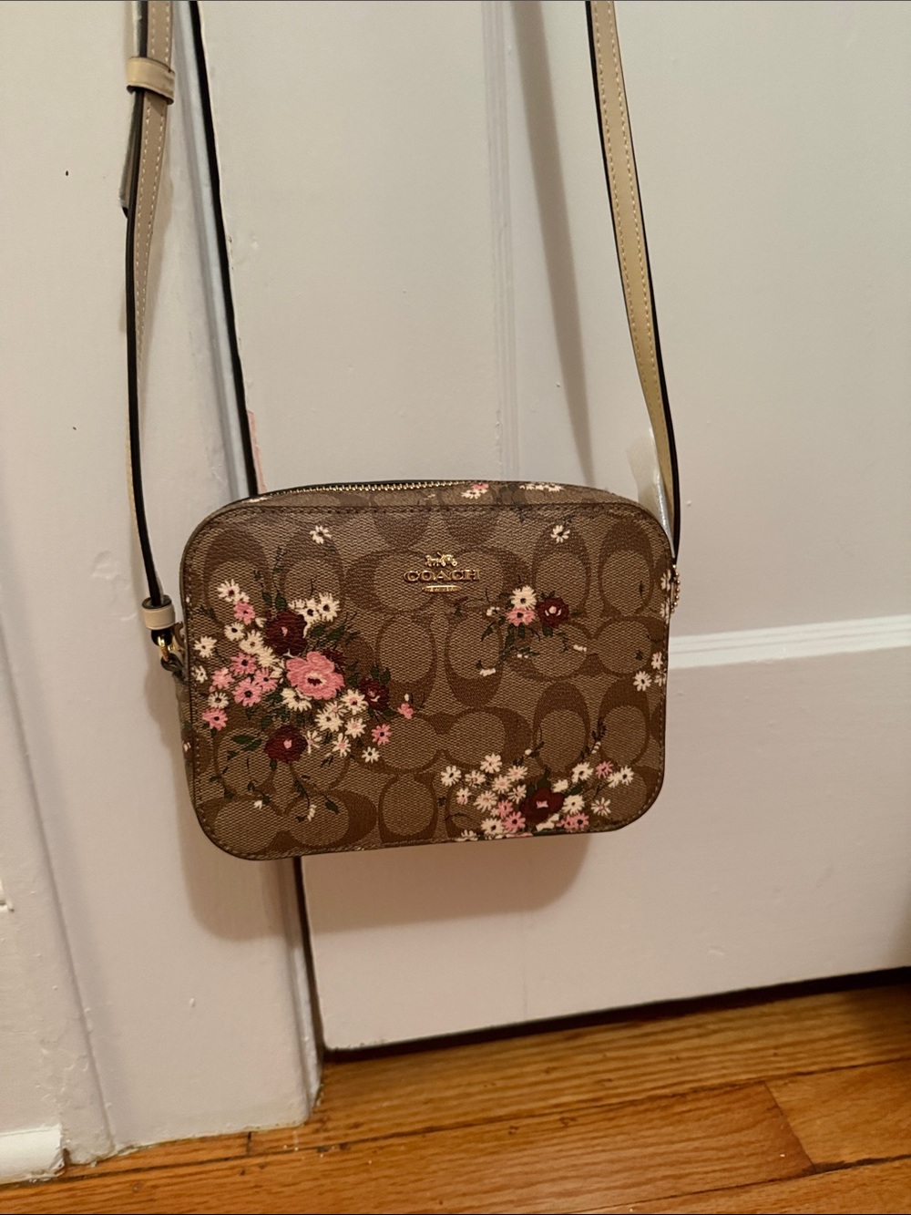 Coach Floral Logo Brown Crossbody with Pink Accents